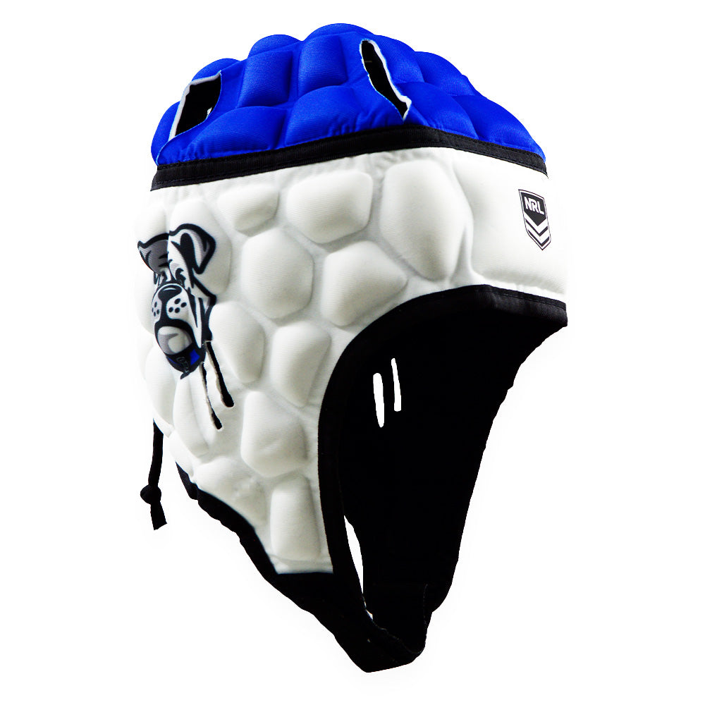 White and blue protective helmet with black accents on a white background