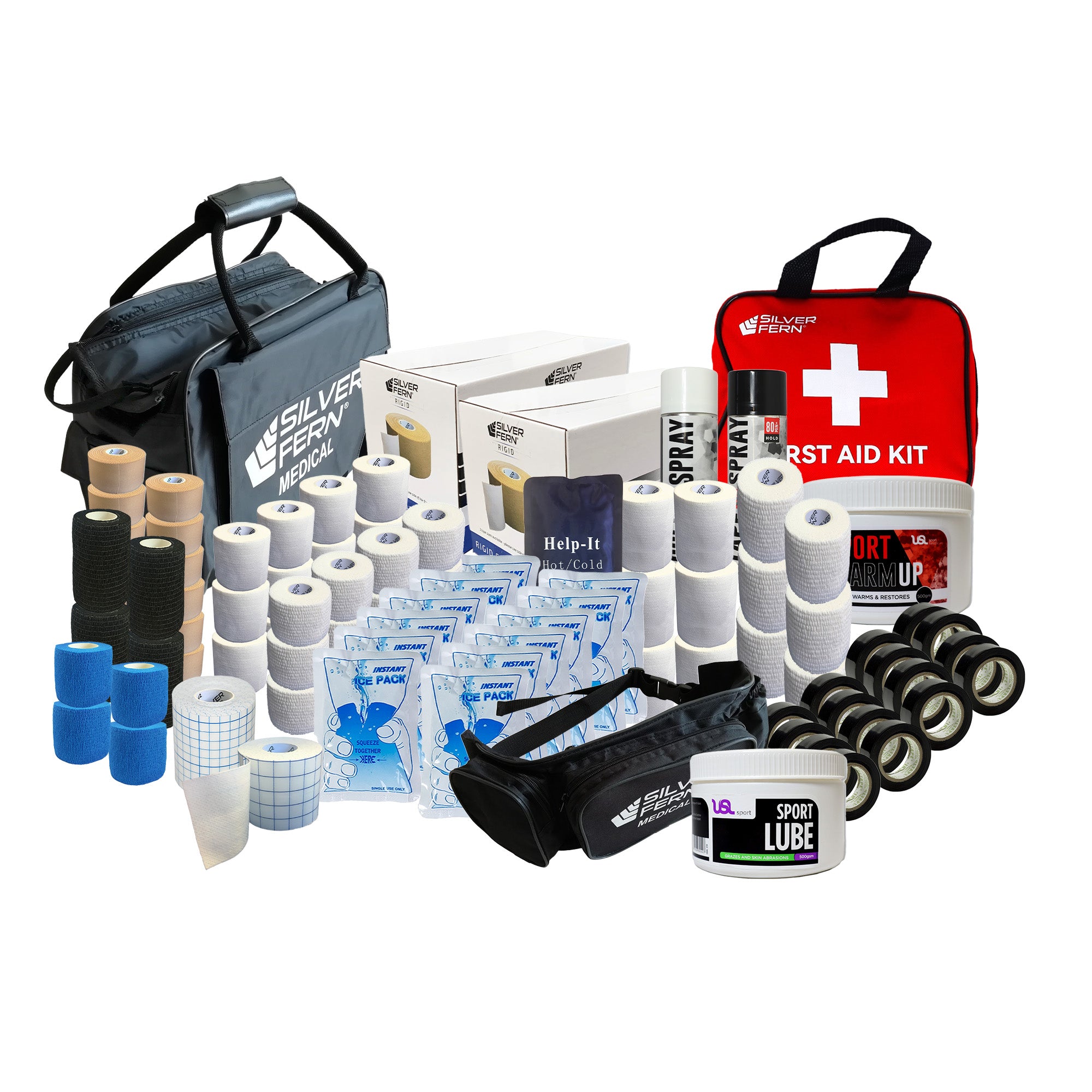 Collection of medical supplies including bandages, sprays, and a first aid kit on a white background.
