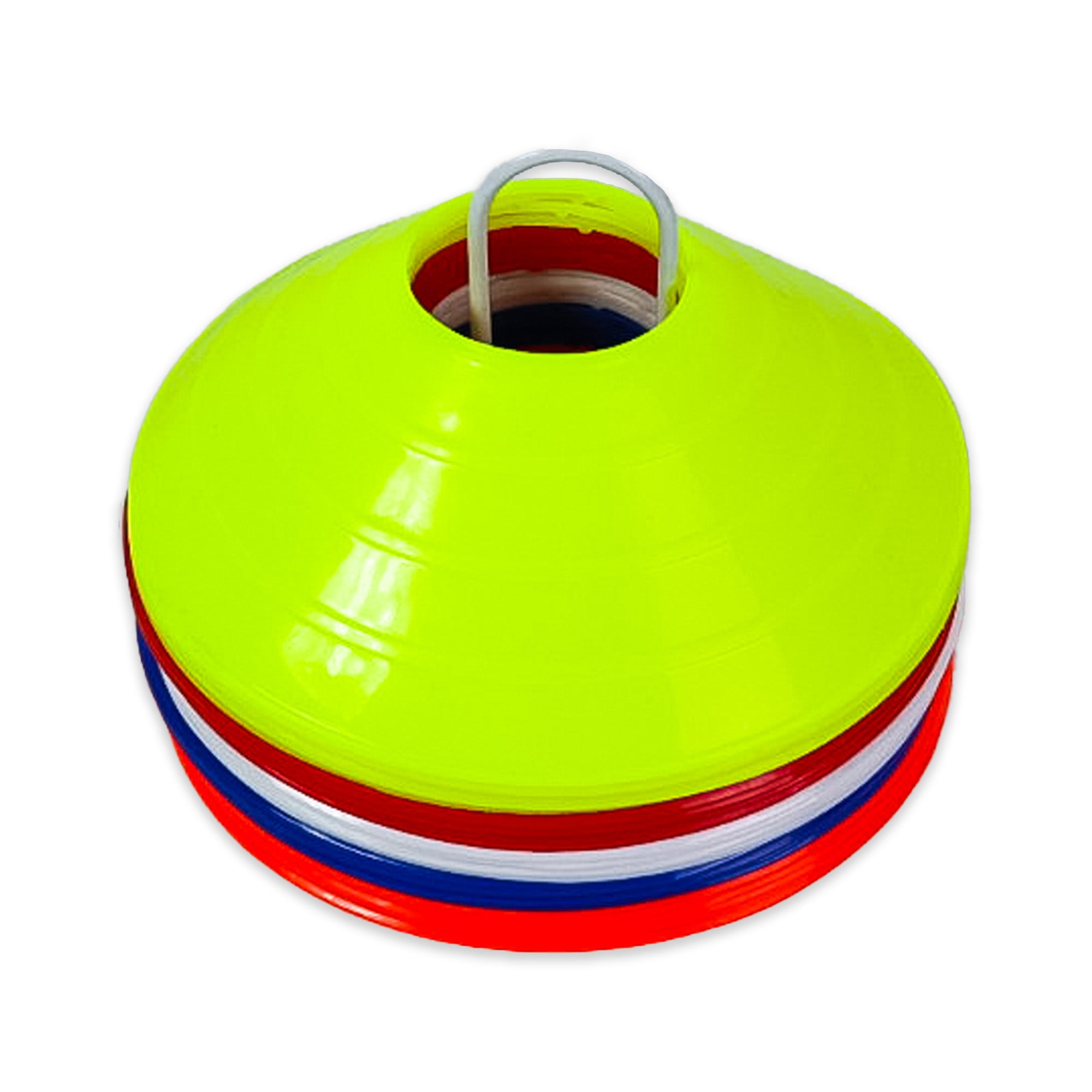 Stack of colorful plastic markers with a white handle on a white background