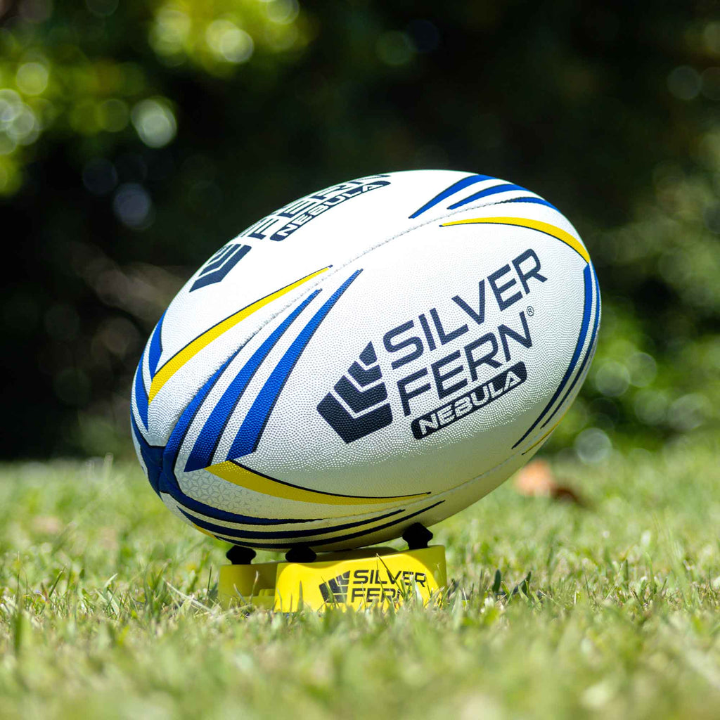Silver Fern Top Rugby Match Ball Nebula Size 5, lifestyle shot, ball sitting on a kicking tee