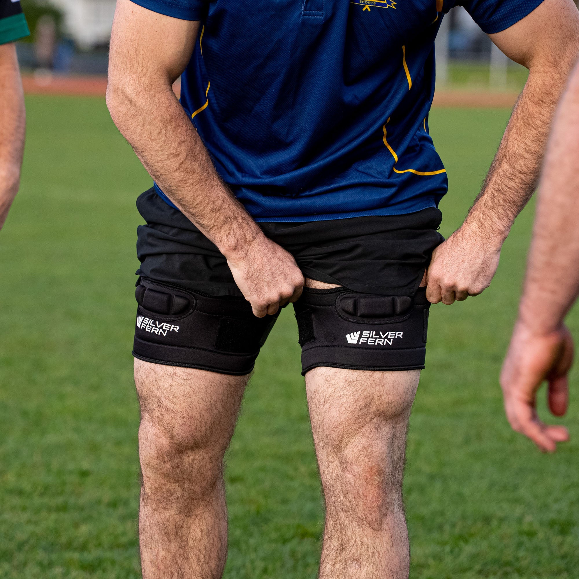 Silver Fern Rugby Lineout Leg Supports Pair, Lifestyle shot, player wearing leg supports during lineout