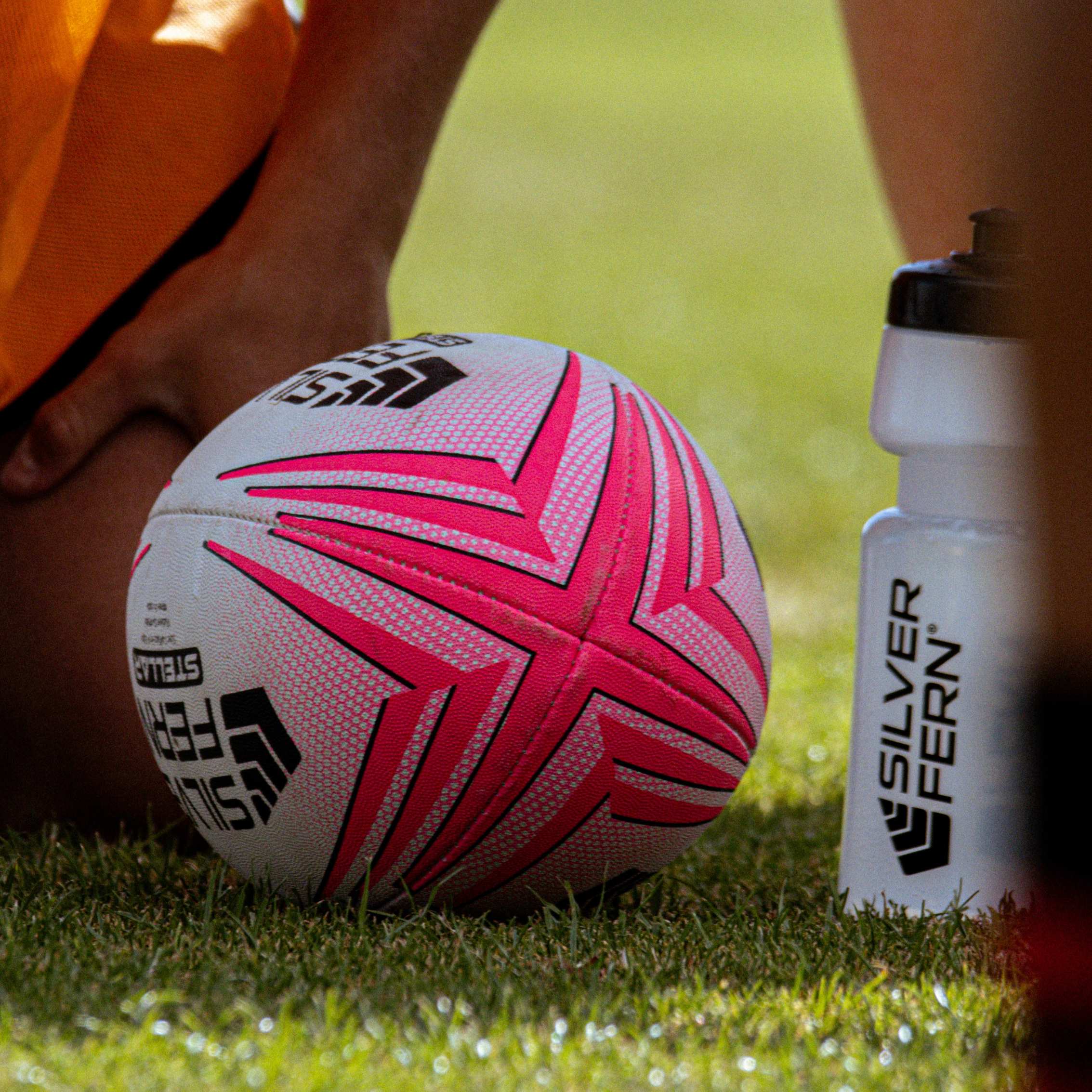 Silver Fern Pink Stellar Premium Trainer Rugby Ball main homepage hero shot, close-up detail shot