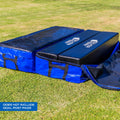 Silver Fern Rugby Tackle Mat Cover for Goal Post Pads, lifestyle shot, mat half open with goal post pads inside.