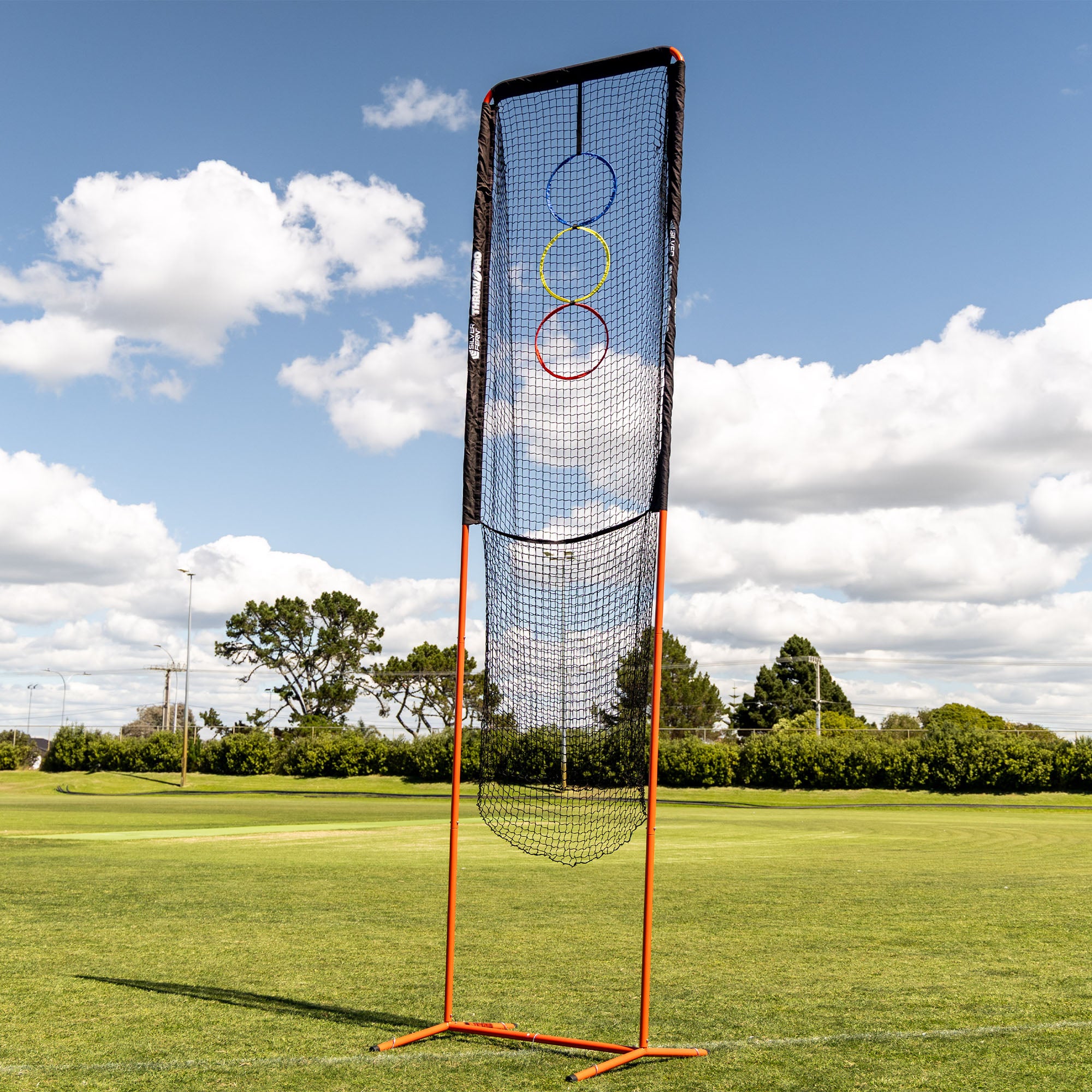 ThrowPro Lineout Throwing Net, lifestyle shot, free-standing lineout target on a rugby field.
