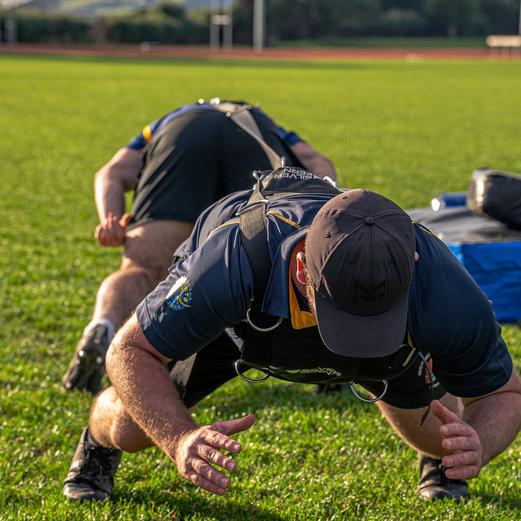 Silver Fern Scrum Ruck Resistance Harness Set Pair, Action shot, harness in use during resistance drill