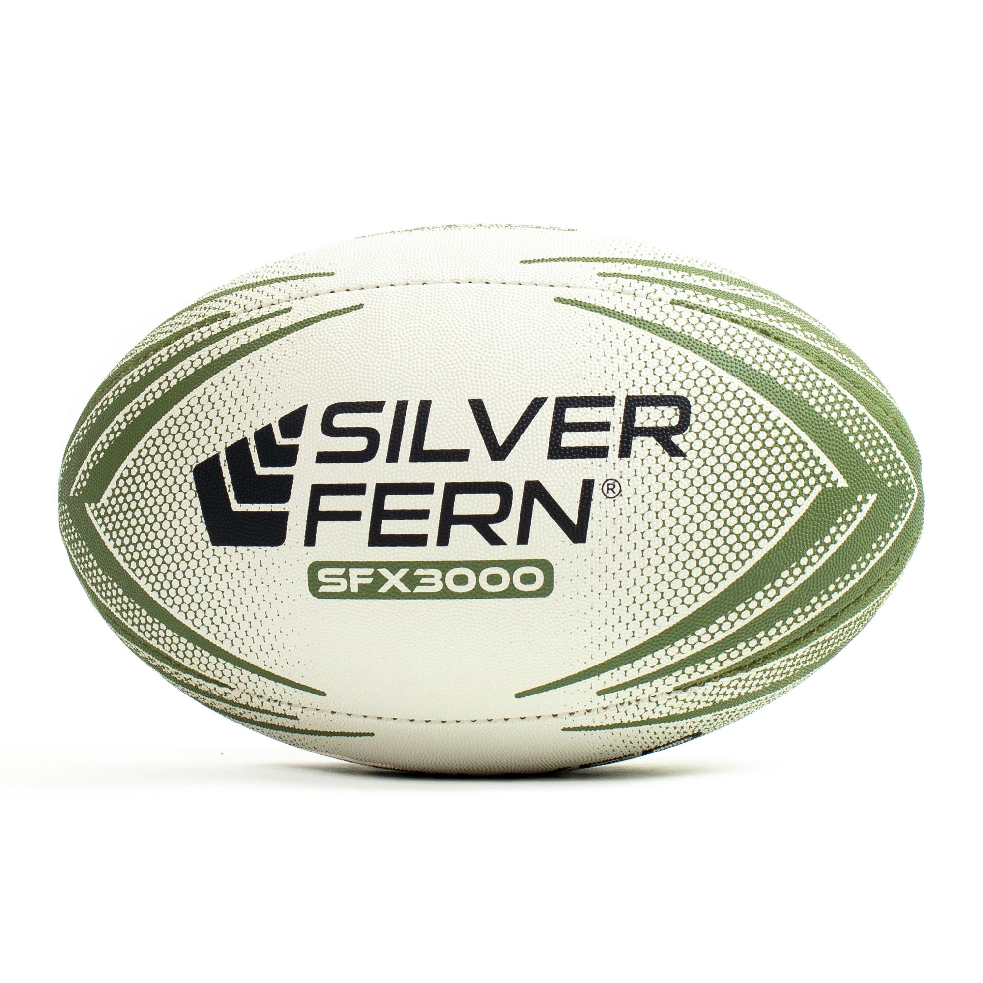 Green and white rugby ball with Silver Fern branding on a white background