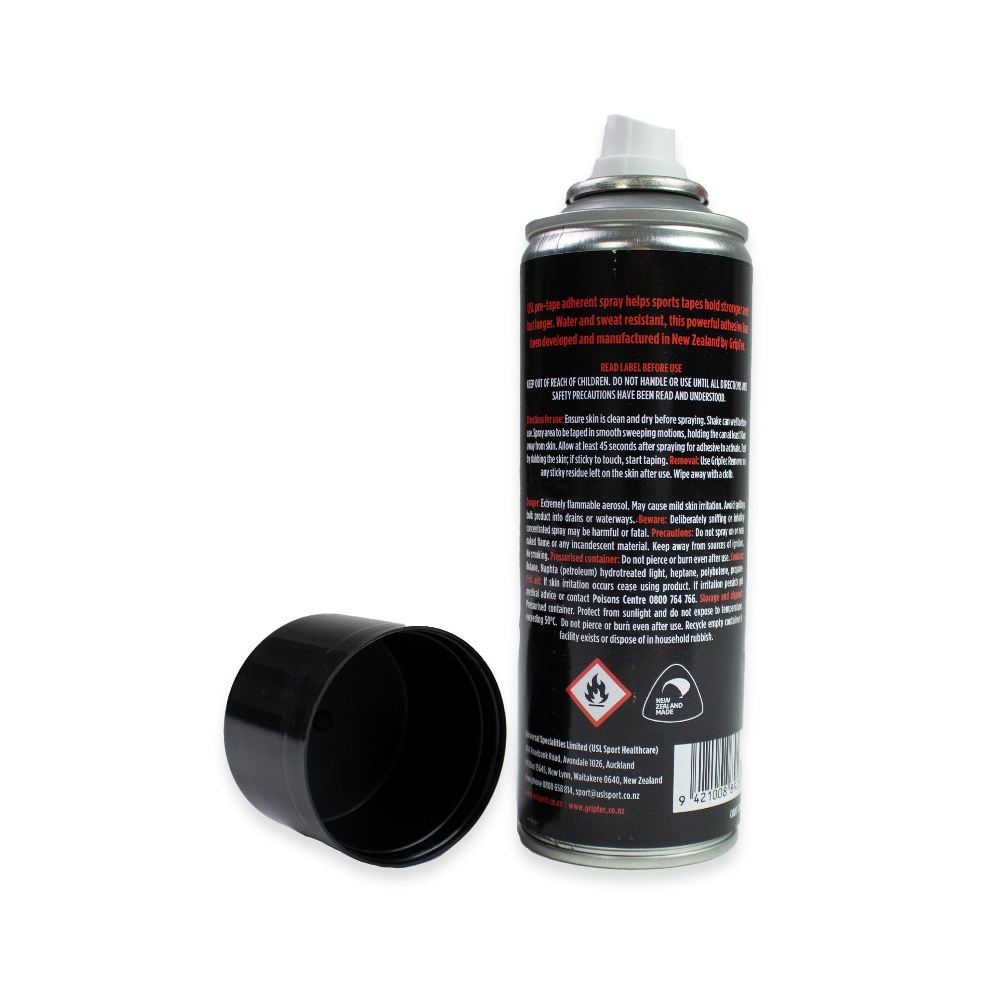 Spray can with black label and open cap on a white background